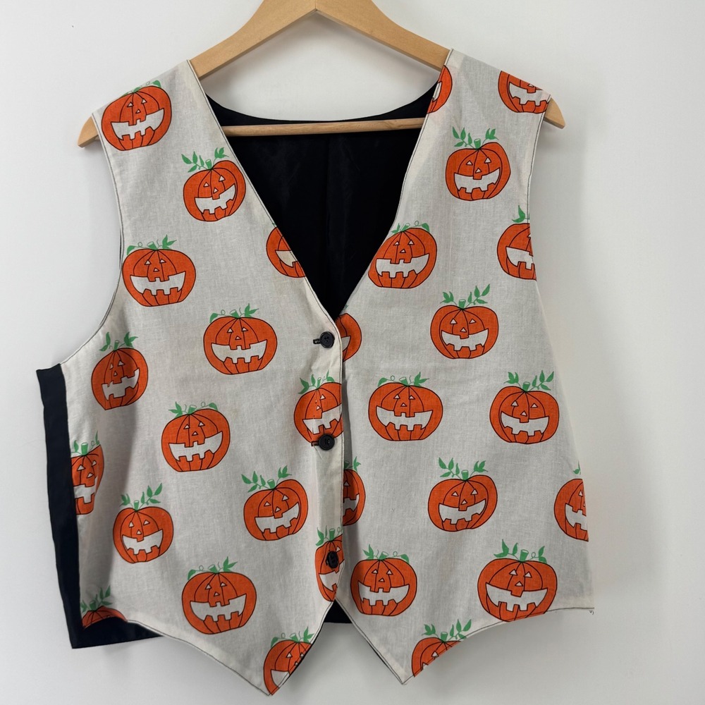 Vintage Halloween Pumpkin Jack O Lantern Print Vest Waistcoat Gray Black Sz 7